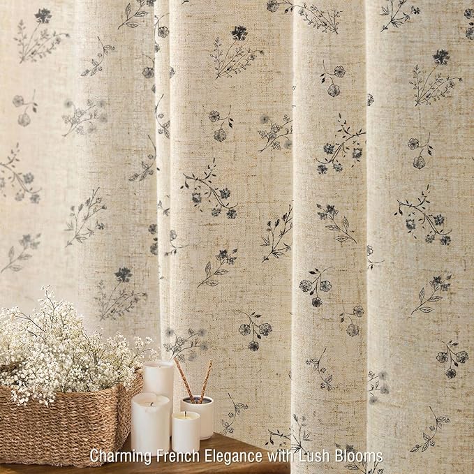 Black Floral Vintage Linen Shower Curtain, French Country Shower Curtains for Bathroom with Tassels, 72Wx72H