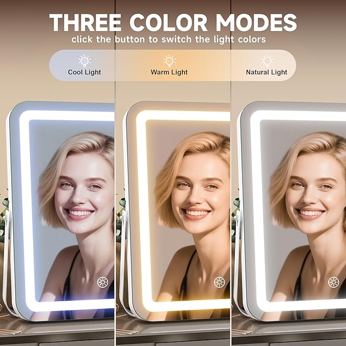 MINISO Vanity Mirror with Lights, 15.8" x 11.8" LED Makeup Mirror, Light & Brightness Adjustment, Smart Sensor, Aluminum Alloy Metal White Frame, with 5X Magnifying Glass