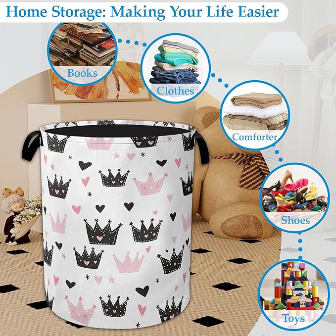 Pink Crowns Laundry Basket Collapsible Laundry Hamper Clothes Toy Storage Bin for Bathroom Bedroom Room Decor 16" X 20.8"