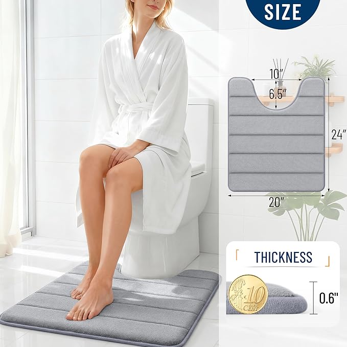 OLANLY Memory Foam Toilet Rugs U Shaped 24x20, Super Soft Absorbent Contour Bath Rugs, Quick Dry, Machine Washable Toilet Mat, Bathmat Floor Carpet, Bathroom Home Decor Accessories, Grey