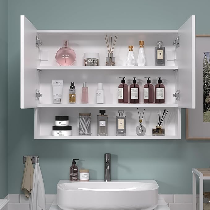 Bathroom Cabinet with Mirror, Wall Cabinet with 2 Mirrored Doors, Adjustable Shelf, Open Compartment, Wall-Mounted, 24x32 Inches, White (Assembly Required)