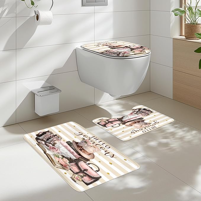 Cinbloo 4Pcs Pink Brown Shower Curtain Set, Vintage Fashion Lace Flower Beige White Striped Books Boots Cups Bathroom Curtain with Rug, Toilet Lid Cover, Bath Mat, Women Shower Curtain with 12 Hooks