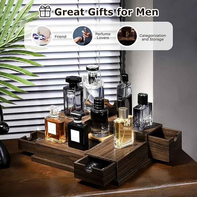 Homde Cologne Organizer - 4 Tier Perfume Display Tray with Hidden Drawers - Perfect for Men Essentials Accessories - A Great Gift for Men