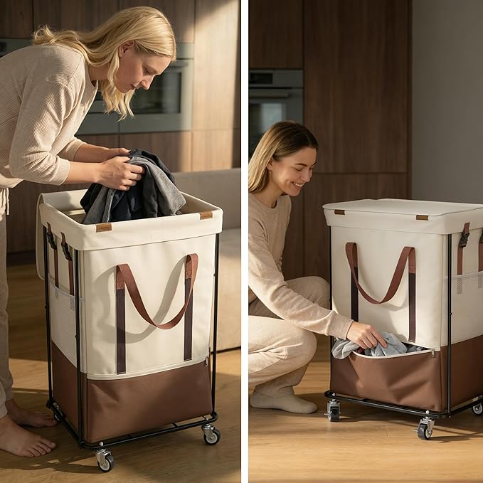150L Rolling Laundry Basket with Wheels and 2 Removable Bags, Double Laundry Hamper with Lid, 2 Section Large Capacity for Laundry Bedroom Bathroom Dorm, Easy Move & Organize 19.7"x15.7"x31.9", White