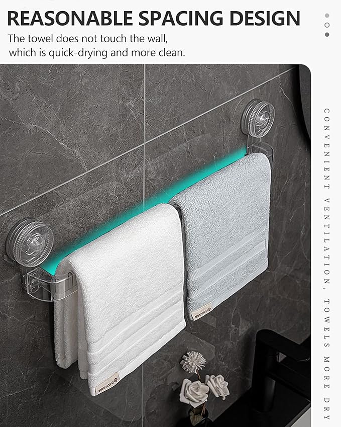 Clear Suction Cup Towel Bar - 21.5 Inch Removable No Drill Suction Towel Bar with Strong Suction & Reusable Adhesive Suction Towel Rack for Shower Bathroom Kitchen