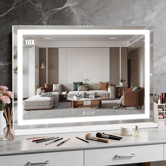 Vanity Mirror with Lights 32"x22", LED Makeup Mirror, 3 Color Lighting Modes, 10X Magnification, Smart Touch Control, Dimmable, Aluminum Metal Frame, Lighted Up for Vanity Desk (White)