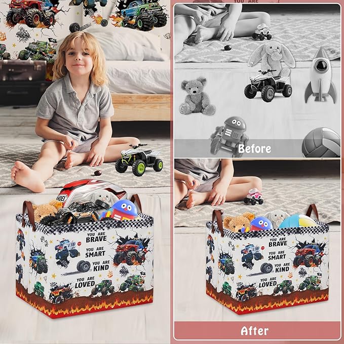 Monster Truck Storage Laundry Basket, Kid Room Decor for Boys,Rectangular Gift Bag Toy Box Shelf Basket ,Collapsible Clothes Book Organizer Bin,Easter Gifts Basket