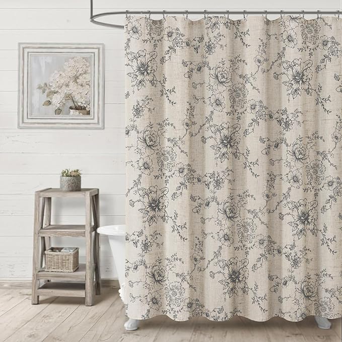 Farmhouse Floral Linen Shower Curtain, Vintage Grey Pattern Rustic Shower Curtains for Bathroom, Dark Gray,72x72