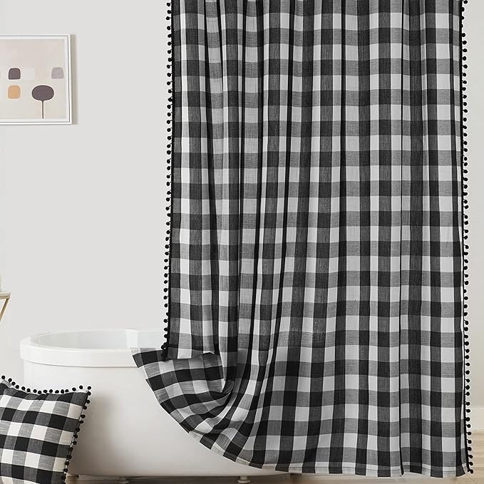 VOILYBIRD Black and White Shower Curtain Linen Texture Buffalo Plaid Farmhouse and Boho Mix with Pompoms 72x72