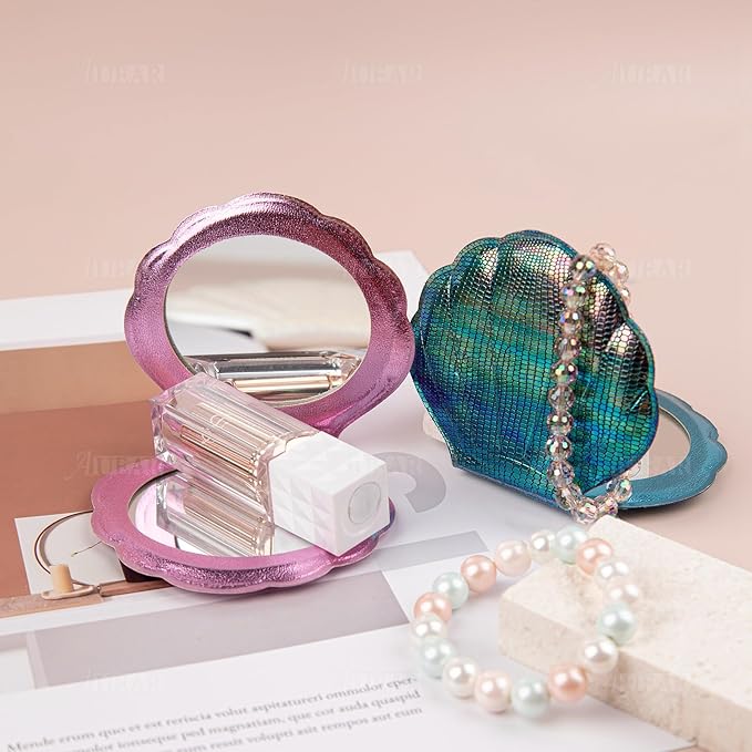 AUEAR, 4 Pack Glitter Shell Double-Sided Magnification Makeup Mirrors Colors Handheld Compact for Purse Handbag Pocket