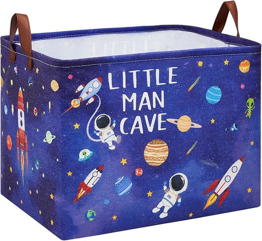 Astronaut Nursery Basket Laundry Hamper,Space Storage Basket with Inspirational Quotes, Planets Boy Room Decor Toy Box, Rectangular Rockets Clothes Book Toy Storage Bin (Blue)