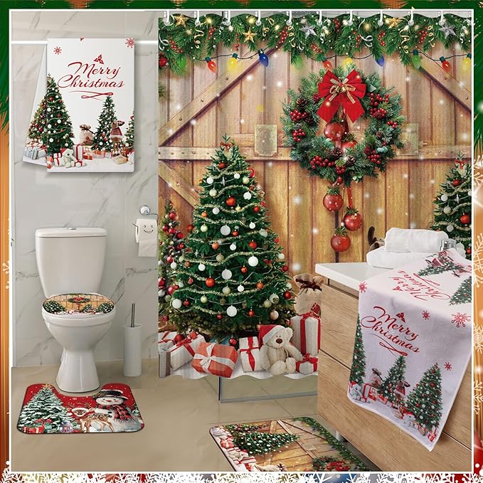 Nuanchu 6 Pcs Christmas Shower Curtain Set with Rug Bathroom Sets with Shower Curtain Bath Mat U Shaped Mat Toilet Lid Cover 2 Bath Towels and 12 Hooks Christmas Tree Bathroom Decor