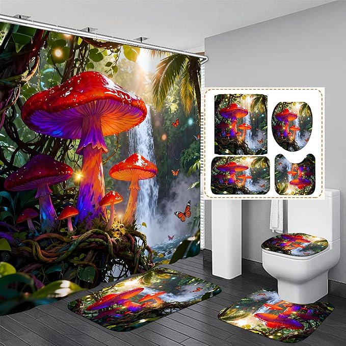 jieprom 4 Piece Tropical Waterfall Shower Curtain Set with Rugs, Vibrant Magical Mushroom & Butterfly Art, Jungle Nature Aesthetic Bathroom Decor, Waterproof Fabric, Non-Slip Mats & Toilet Lid Cover