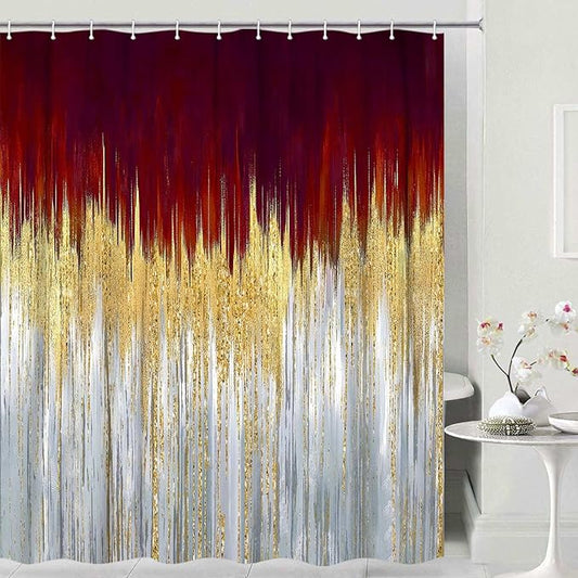 JAWO Abstract Dark Red Shower Curtain, Gold Blue Boho Ombre Minimalist Chic Art Shower Curtains, Modern Neutral Contemporary Striped Brush Strokes Tan Art Waterproof Bathroom Curtain with 12 Hooks