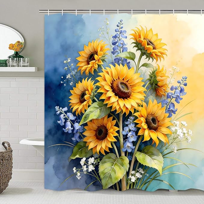 AZHM Watercolor Sunflower Shower Curtain Set 4 PCS Rustic Yellow Blue Floral Bathroom Accessory Sets with Non-Slip Bath Rugs, Toilet Lid Cover and U-Shaped Mat