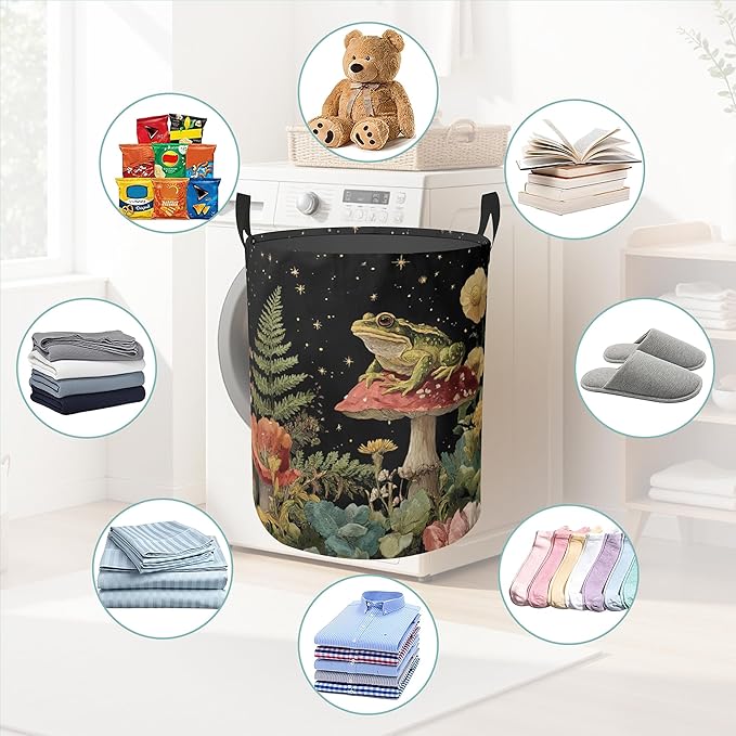 Starry Sky Frog Mushroom Round Laundry Basket Collapsible Laundry Hamper with Handles Toys Clothes Organizer Bin For Home Bathroom Bedroom Dorm Nursery