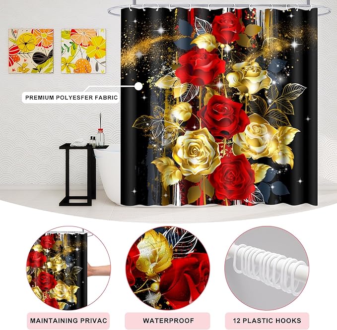 Poedist 4 Pcs Bathroom Set,Gold Dust Rose Shower Curtain Sets, Floral Shower Curtain Sets with Rugs(Bath Mat,U Shape and Toilet Lid Cover Mat) and 12 Hooks