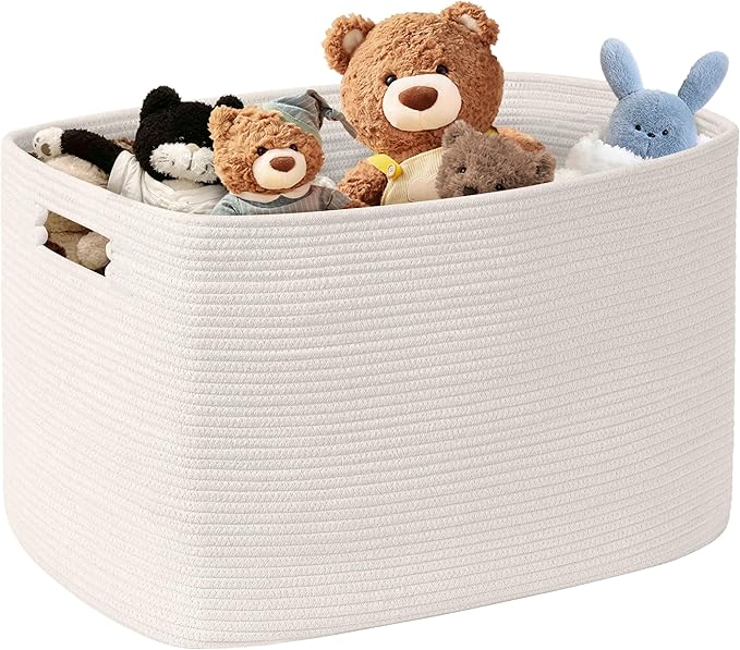 100L Extra Large Baby Girls Laundry Basket for Nursery Storage,Cute Woven cotton Rope Baskets for Kids Toy，Gifts, Boho Square Wicker Blanket hamper for Living Room,Bedroom Dirty Clothes, White