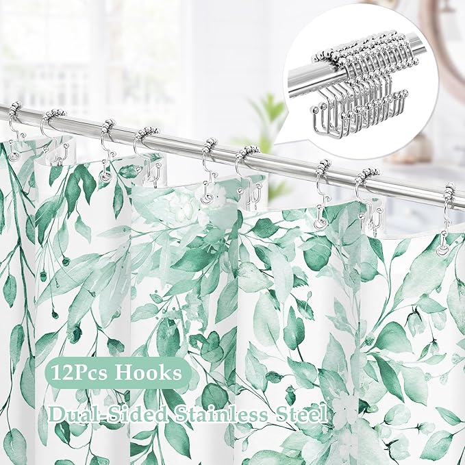 Gibelle 3 in 1 Shower Curtain Set, 72x72 MintGreen Eucalyptus Bath Curtain and PEVA Liner Set with 12 Metal Hooks, Waterproof Fabric Bathroom Curtain