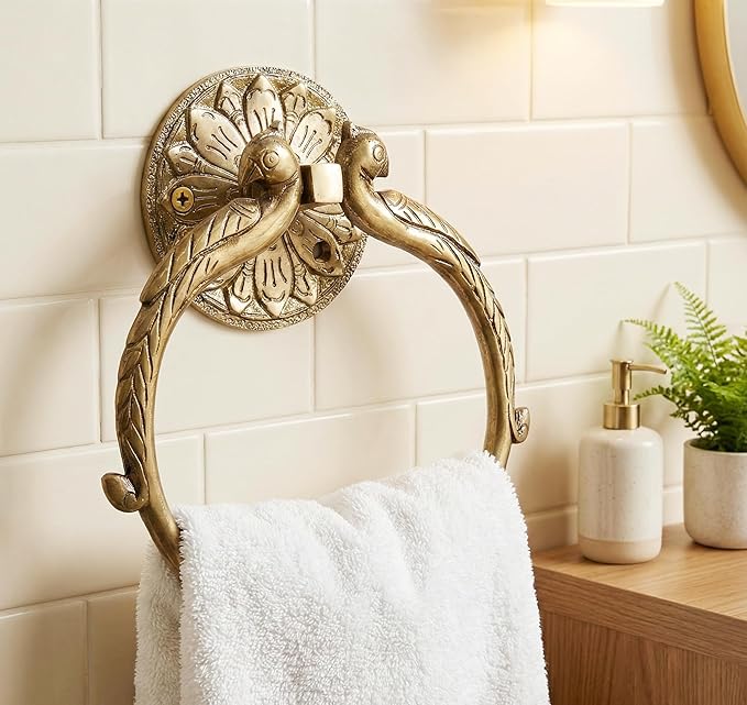 7.5" Inches - Brass Hand Towel Hanger Holder | Hand Towel Hanger Holder | Towel Holder for Bathroom in Twin Peacock Design