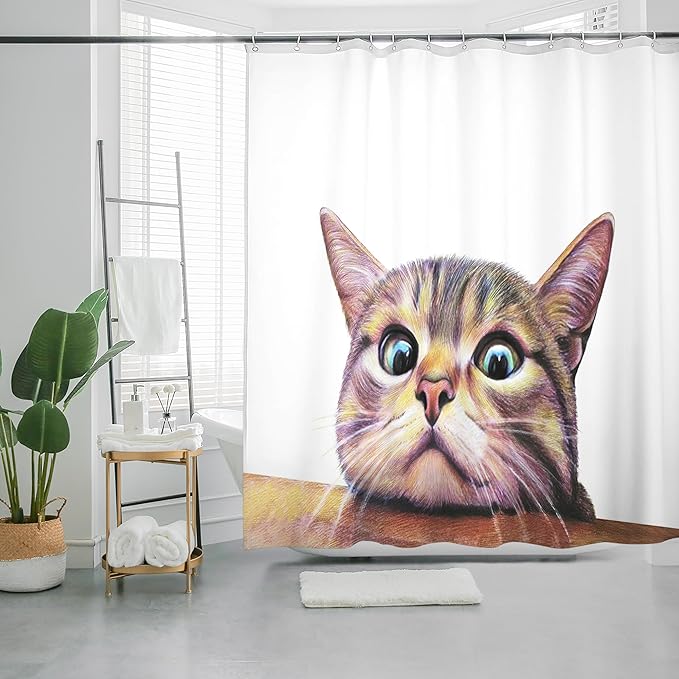 HMS Happy Memories Bohemian Plant Boho Floral Print Shower Curtain, Polyester Fabric Cloth for Bathroom Decor 72×72 Inch Standard Size with 12 Hooks, Also as Room Divider (White Cat)