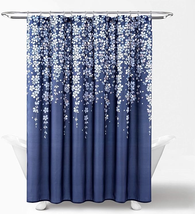 Lush Decor Weeping Flower Shower Curtain 72"W x 72"L Navy - Fabric Shower Curtains for Bathroom - Floral Bathroom Curtain - Cottage Core Decor