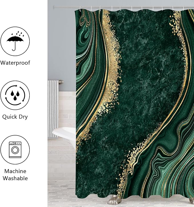 Gibelle 4 Pcs Luxury Marble Shower Curtain Set with Non-Slip Rugs, Toilet Lid Cover and Bath Mat, Gold Foil Emerald Green Bathroom Decor Set with Shower Curtain and Rugs and Accessories