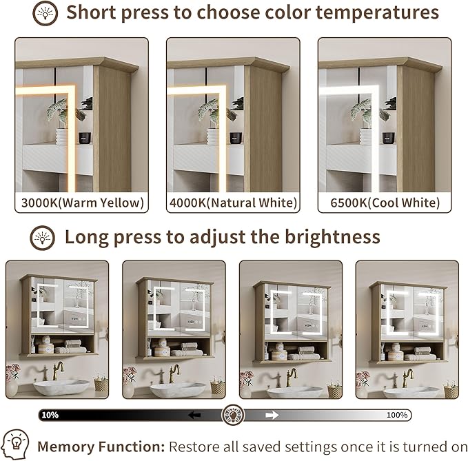 Bathroom Medicine Cabinet with Mirror, Lighted Storage Cabinet Wall Mounted with Doors & Adjustable Wood Shelf, Modern Bathroom Mirror with LED Lights Defogger for Makeup Laundry/Living Room, Oak