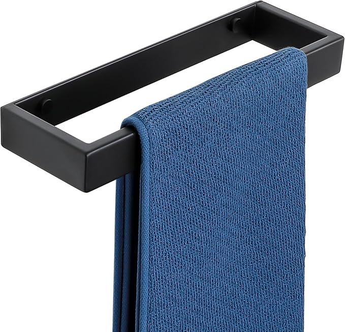 Sayayo Matte Black Towel Bar for Bathroom Wall, 10 Inch Hand Towel Holder, Screw or Self Adhesive Towel Ring Square SUS304 Stainless Steel, 3.2 Inch Wider Design