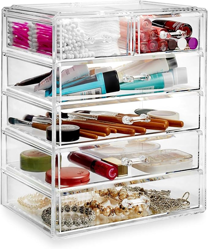 Casafield Acrylic Cosmetic Makeup Organizer & Jewelry Storage Display Case - 4 Large, 2 Small Drawer Set - Clear