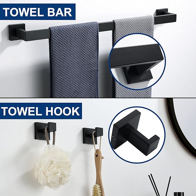 5 Pieces Bathroom Hardware Accessories Set Matte Black, 24Inch Square Towel Racks Set for Bathroom, SUS304 Stainless Steel Towel Bar Set, Bath Accessories Sets Wall Mounted