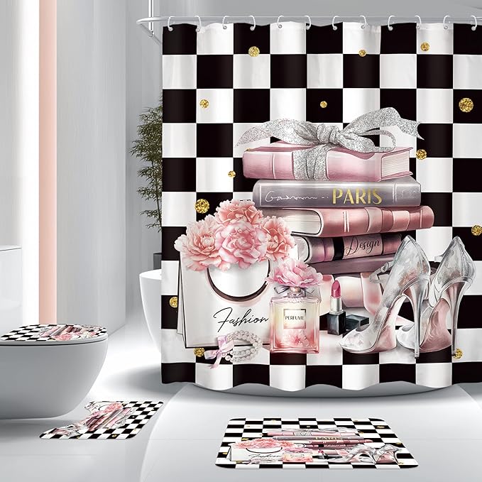 Cinbloo 4Pcs Black White Checkered Shower Curtain Set, Pink Fashion Flower Perfume High Heels Books Bathroom Curtain with Rug, Toilet Lid Cover, Bath Mat, Women Girl Shower Curtain with 12 Hooks