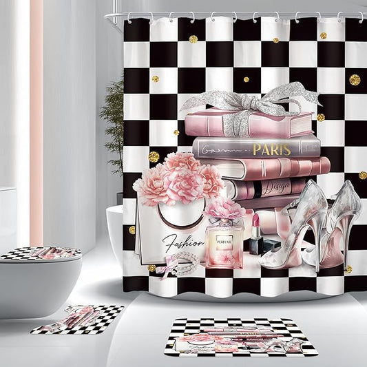 Cinbloo 4Pcs Black White Checkered Shower Curtain Set, Pink Fashion Flower Perfume High Heels Books Bathroom Curtain with Rug, Toilet Lid Cover, Bath Mat, Women Girl Shower Curtain with 12 Hooks