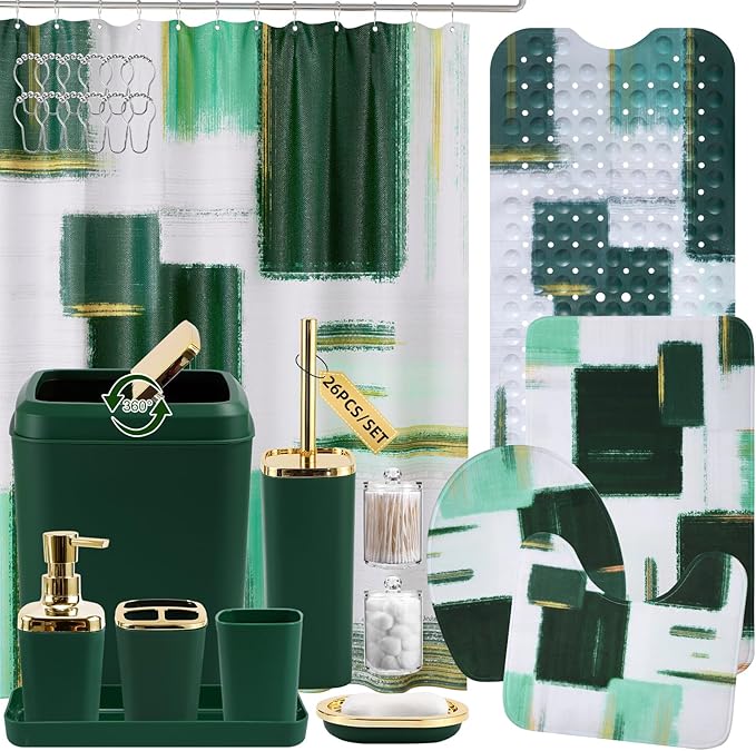 XLHOMO Bathroom Accessories Set - 26PCS Dark Green Bathroom Set, Bathroom Accessory Set with Shower Curtain and Rugs and Bathtub Mats for Home