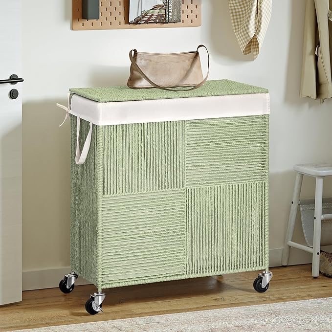 WOWLIVE Double Laundry Hamper with Lid, Handwoven Rolling Laundry Basket with Wheels, 115L Dirty Clothes Hamper with Removable Liner Bag Large Capacity Laundry Sorter Laundry Room Organization,Green