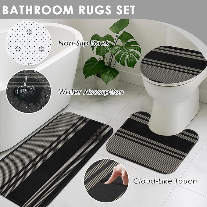 Black Bathroom Decor and Accessories Set, Striped Shower Curtain and Rug Set with Trash Can, Soap Dispenser, Soap Dish, Toothbrush Holder, Toothbrush Cup, Toilet Brush