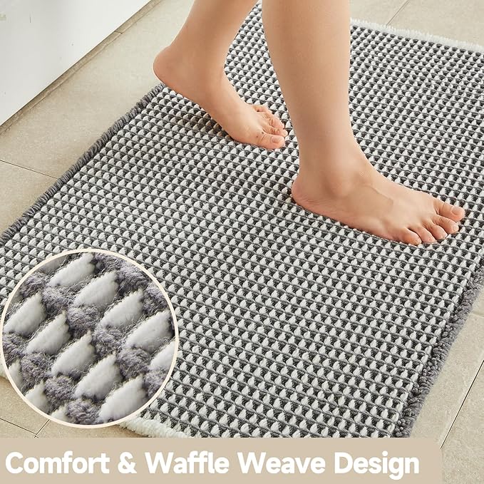 Waffle Runner Rug Bathroom, Long Boho Bathroom Rugs Non Slip Washable Super Absorbent Quick Dry Farmhouse Bath Decor, 60"x24" Grey and White