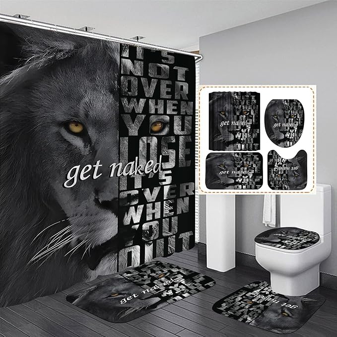 jieprom 4PCS Lion Insipirational Shower Curtain Set with Rugs, Toilet Lid Cover and Bath Mat, Animal Shower Curtain with 12 Hooks, Complete Bathroom Accessories Decor Set