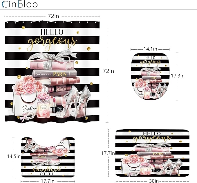 Cinbloo 4Pcs Pink Black Girls Bathroom Sets with Shower Curtain and Rugs, Fashion Flower Perfume Toilet Lid Cover, Bath Mat, Women Girly White Striped High Heels Books Shower Curtain with 12 Hooks