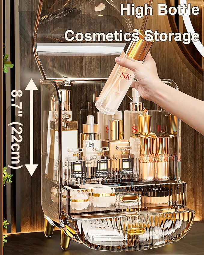 Makeup Organizer, Large Capacity Cosmetics Makeup Organizer for Vanity, Dustproof Waterproof Cosmetics Display Case with Drawers for Skincare, Lipstick, Brushes and Jewelry (Hermes Orange)