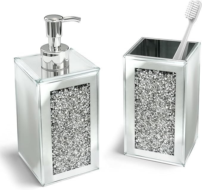 Bathroom Accessories Set, Square 2 Pack Silver Glass Soap Dispenser & Toothbrush Holder with Mirror Finish & Sparkling Diamond Accents, Modern Bathroom Countertop Decor
