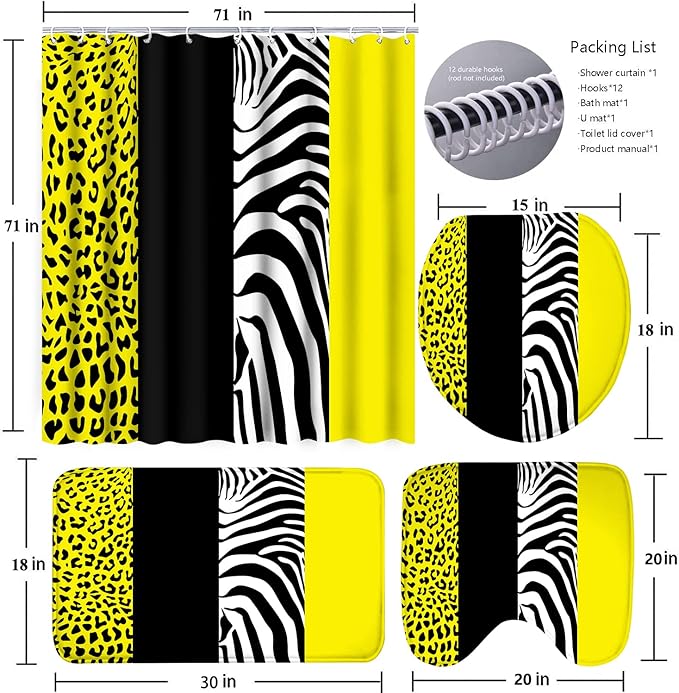 Poedist 4 Pcs Bathroom Shower Curtain Set, Yellow Print Bright Style Shower Curtain Sets with Rugs (Bath Mat, U Shape and Toilet Lid Cover Mat) and 12 Hooks