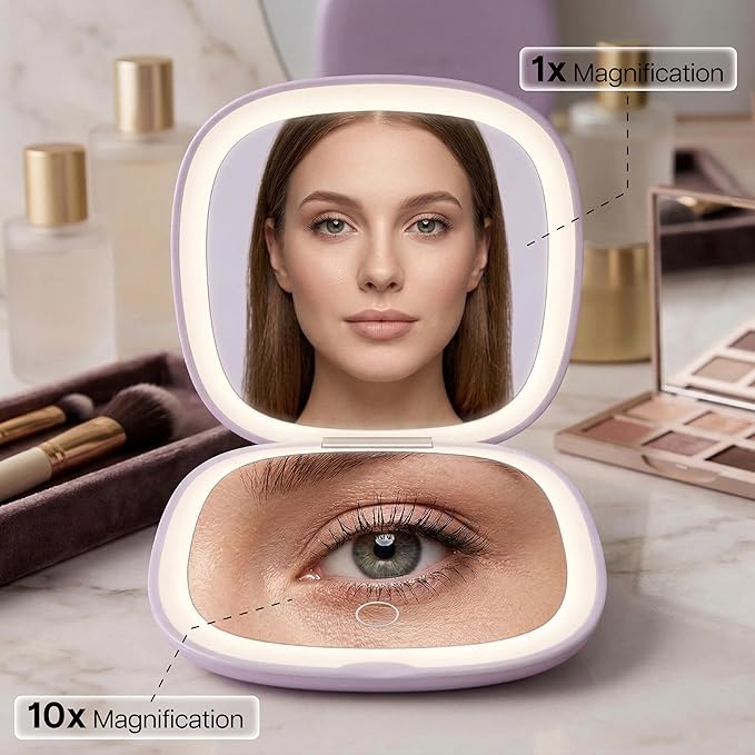 Lighted Makeup Mirror for Women, Portable, LED Light, USB Charging, auto on/Off, 1x/10x Magnification and 3 Light Color Settings, dimmable (Lavender)