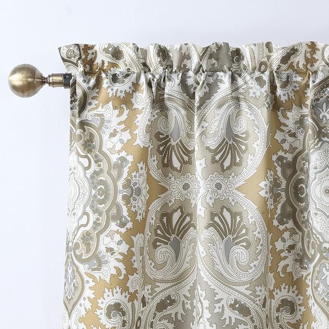 Palermo Vintage Gray Pinted Paisley Window Curtain Pair,Farmhouse Taupe 2 Panels Set,Each 42" W x 63" L and Total 84" Wide and 63" Long