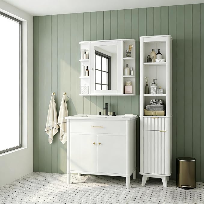 Merax Bathroom Wall Storage Cabinet with Mirror, 26 Inch Medicine Cabinet with Mirror Doors & Adjustable Wood Shelf, Space-Saving Modern Mounted Storage Cabinets with 6 Open Shelves, White