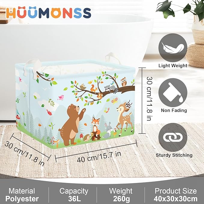 Forest Animals Laundry Hamper Woodland Tree Large Storage Basket Parents Organizer Kids Clothes Toy Bins for Bedroom, Bathroom, Hedgehog, 36L