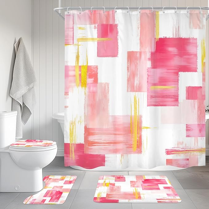 Cinbloo 4Pcs Pink Gold Shower Curtain Set, Modern Abstract Girls Girly Ombre Blush Oil Painting Bathroom Curtain with Rug, Toilet Lid Cover, Bath Mat, Geometry Minimalist Shower Curtain with 12 Hooks