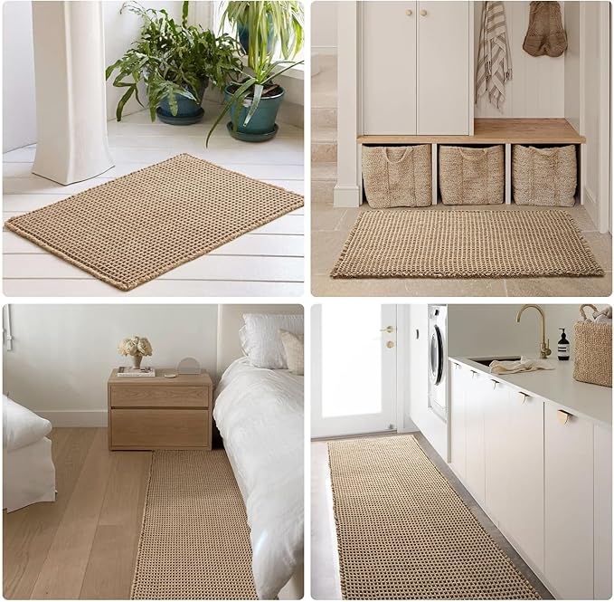 Waffle Bath Mat, Boho Bathroom Rugs Non Slip Washable Super Absorbent Quick Dry Bath Mat Farmhouse Bathroom Decor, 24"x16" Beige