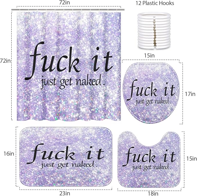 ArtSocket 4PC Purple Funny Get Naked Shower Curtain Sets Diamond Gold Bathroom Decor with Rugs, Non-Slip Rug,Toilet Lid Cover, Bath Mat and 12 Hooks 72x72 inches