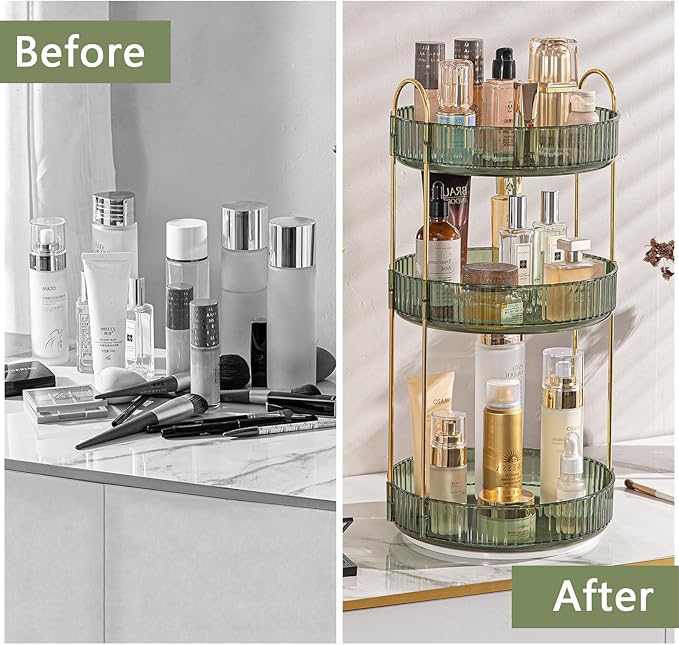 shuang qing Rotating Makeup Organizer for Vanity, High-Capacity Skincare Clear Make Up Storage Perfume Organizers Cosmetic Dresser Organizer Countertop 360 Spinning (Green, 3 Tier)
